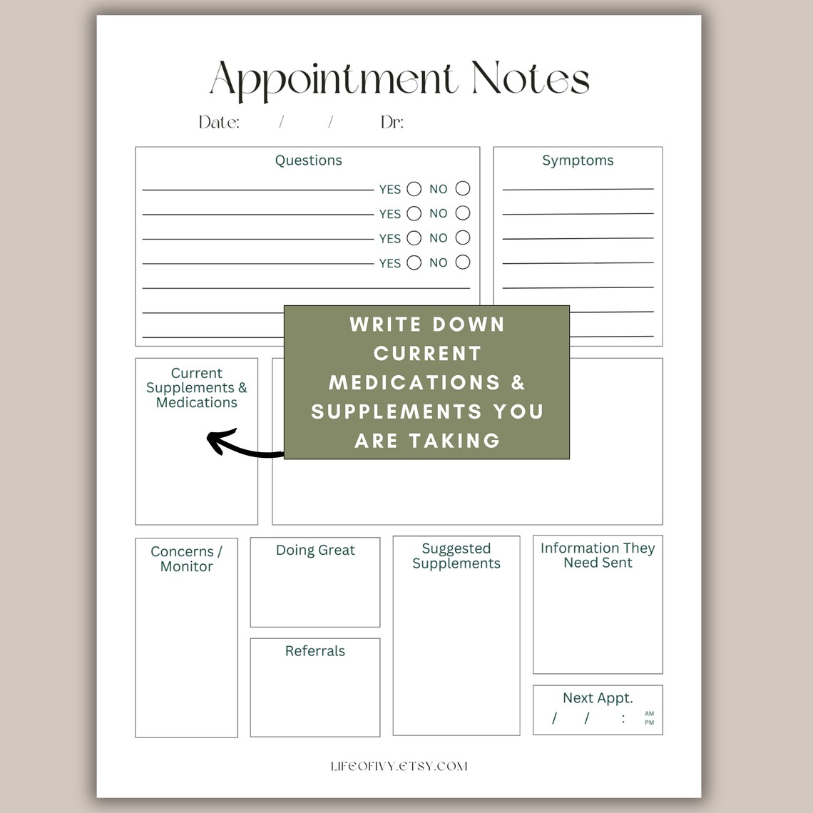 Health Appointment Printable Note Taking Doctor Visit Printable Digital Health Checklist Anti ...