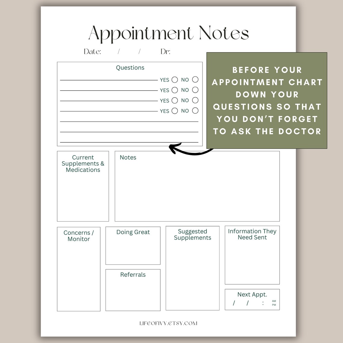 Health Appointment Printable Note Taking Doctor Visit Printable Digital Health Checklist Anti ...