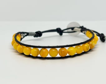 Yellow Dyed River Shell Leather Wrap Bracelet, Boho Beaded Jewelry