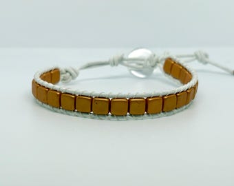 Orange Square Beaded Bracelet, Handmade Adjustable Boho Jewelry, Minimalist Style