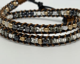 Double Wrap Leather Bracelet | Neutral Glass Beads, Boho Style, Handmade Jewelry