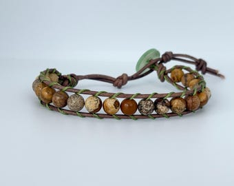 Picture Jasper Leather Wrap Bracelet | Earth Tone Boho Jewelry, Handmade Gemstone Accessory