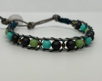Turquoise Black Stone Wrap Bracelet, Handmade Leather Boho Gemstone Jewelry