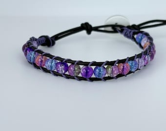 Purple Crackle Glass Bead Wrap Bracelet | Handmade Leather Boho Jewelry