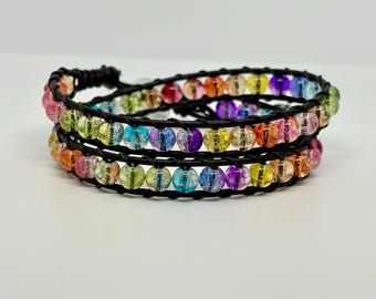 Handmade Rainbow Crystal Leather Wrap Bracelet, Boho Multi-Wrap Jewelry