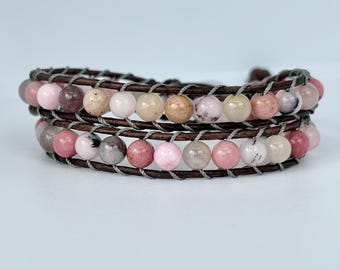 Rhodonite Double Wrap Bracelet, Handmade Leather Boho Jewelry, Natural Pink Gemstone Beads