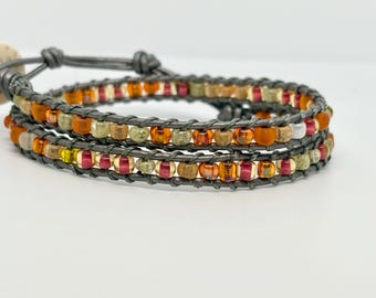 Handmade Orange Crystal Double Wrap Leather Bracelet, Boho Beaded Jewelry
