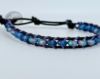 Blue Iridescent Glass Bead Leather Wrap Bracelet, Boho Style Jewelry