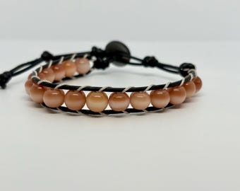Handmade Peach Beaded Wrap Bracelet, Boho Blush Champagne Tones