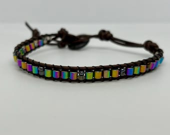 Rainbow Hematite Bracelet Handmade, Iridescent Beaded Bracelet, Minimalist Boho Jewelry, Stackable Gift for Her