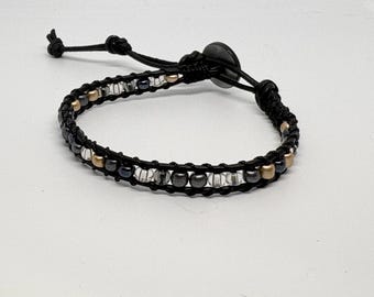 Handwoven Leather Wrap Bracelet | Black Metallic Glass Beads, Adjustable Boho Jewelry