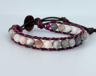 Gray Pink White Jasper Leather Wrap Bracelet | Boho Beaded Jewelry