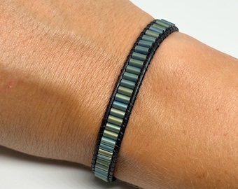 Matte Green Tila Bead Wrap Bracelet | Handwoven Leather Boho Jewelry