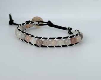 Morganite Gemstone Leather Wrap Bracelet | Boho Pink Blush Jewelry
