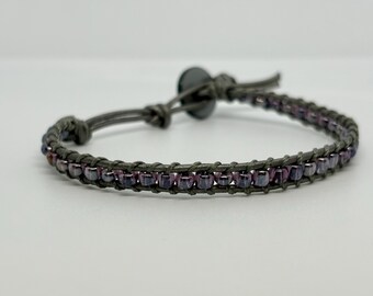 Purple Gray Faceted Beaded Wrap Bracelet, Minimalist Boho Jewelry
