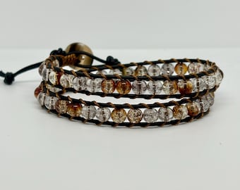 Crystal Wrap Bracelet, Leather Beaded Bracelet, Boho Jewelry, Handmade Bracelet, Gift for Her, Stack-able Jewelry