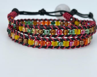 Handmade Seed Bead Leather Wrap Bracelet | Colorful Boho Artisan Jewelry