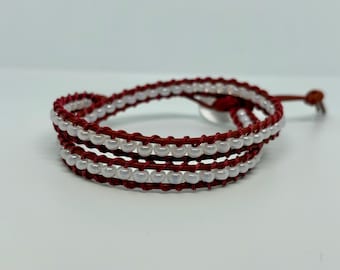 Red Leather Wrap Bracelet, White Seed Beads, Boho Style, Adjustable Closure