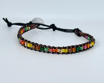 Handwoven Glass Bead Leather Bracelet, Adjustable Boho Style Jewelry
