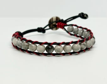Picture Jasper Leather Wrap Bracelet, Boho Red Cord Gemstone Jewelry