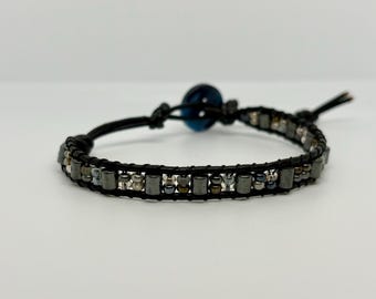 Handmade Hematite Beaded Wrap Bracelet, Minimalist Boho Jewelry, Adjustable Fit