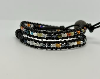 Handwoven Seed Bead Double Wrap Bracelet, Black Leather Boho Jewelry