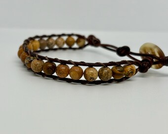 Picture Jasper Leather Wrap Bracelet, Earthy Boho Natural Stone Jewelry