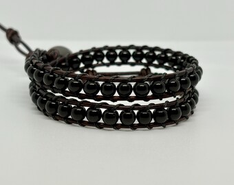 Handmade Black Beaded Leather Wrap Bracelet, Boho Double Wrap Jewelry