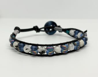 Genuine Moonstone Leather Wrap Bracelet, Boho Iridescent Gemstone Jewelry