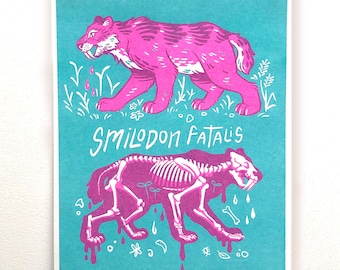 Saber Toothed Cat Risograph Print