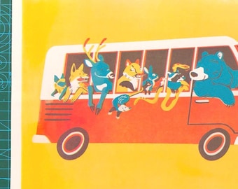 California Wildlife Roadtrip Van - Risograph Print