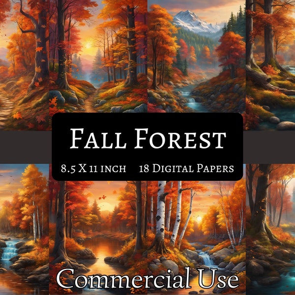 Printable Fall Forest Digital Paper, Fantasy Landscape Backdrop, Fall Scene PNG, Commercial Use, Autumn, Junk Journal, Instant Download