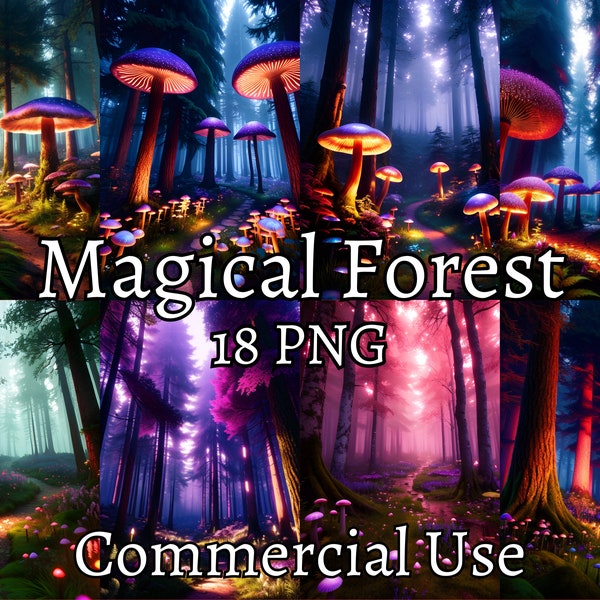 Fantasy Magical Forest Digital Print Bundle, 18 PNG, Commercial Use, Scrapbooking, Collage, Mushroom Forest Art, Mystical, Instant Download