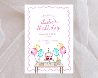 May include: A watercolor birthday invitation with a pink scalloped border. The invitation reads "Join us for Lulu's Birthday" with the date, time, and location. Balloons, a cake, and gifts are illustrated on a table.