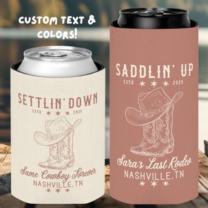 Enfriadores de latas personalizados para el último rodeo: recuerdos para la despedida de soltera con temática vaquera de Nashville.