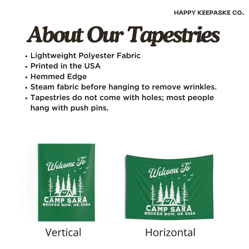 May include: Two green tapestry designs with white text and graphics. The text reads "Welcome to Camp Sara Broken Bow, OK 2024". One design is vertical and the other is horizontal.