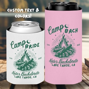 Custom Camp Bachelorette Party Favors, Custom Can Coolers, Camp Bride Gifts, Camp Themed Bachelorette Merch, Cabin Crew Camping Bach Gifts
