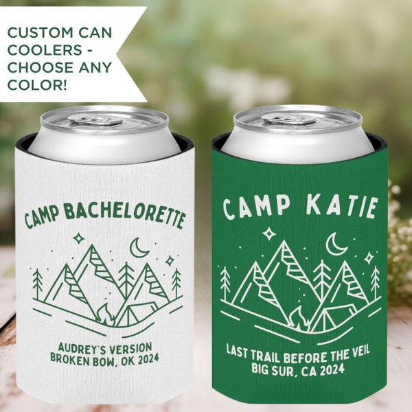 Personalized Camp Bachelorette Can Coolers, Custom Bachelorette Party Favors, Glamping Hiking Girls Trip, Cabin Crew Camping Can Cooler