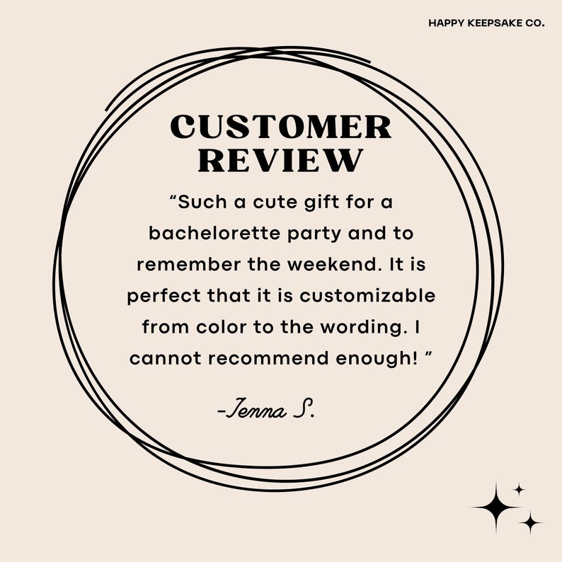 May include: A customer review graphic with the text "CUSTOMER REVIEW" in bold black font, surrounded by a black circular design. The review text is in black and reads, "Such a cute gift for a bachelorette party..." The Happy Keepsake Co. logo is in the top right.