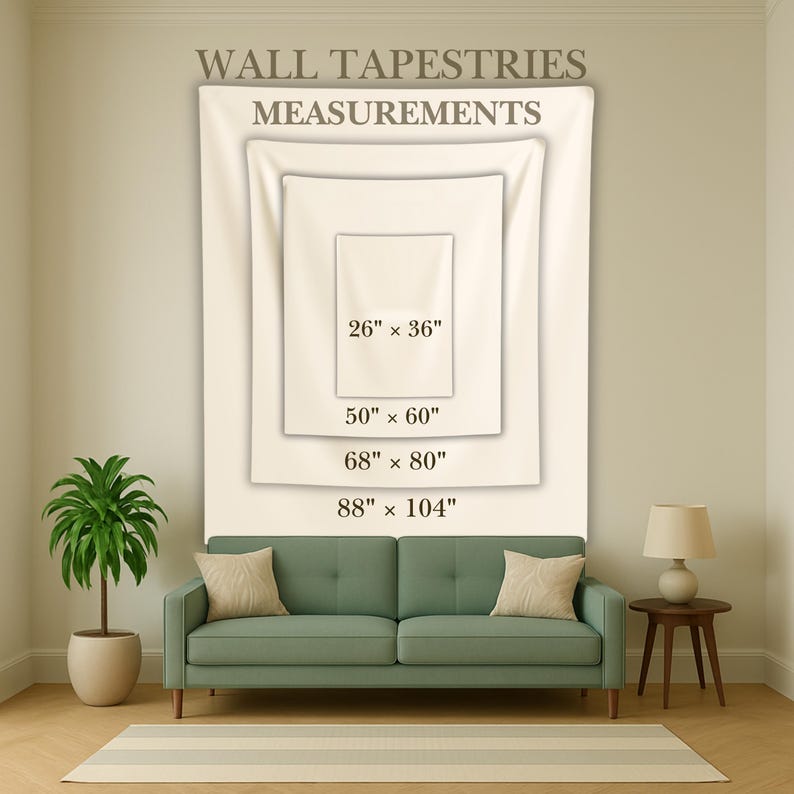 May include: A display of wall tapestries with size measurements. The tapestries are rectangular and layered, with sizes including 26" x 36", 50" x 60", 68" x 80", and 88" x 104". The text "WALL TAPESTRIES MEASUREMENTS" is at the top.