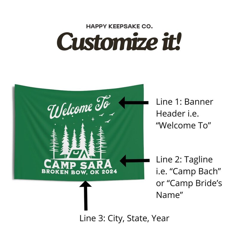 May include: A green welcome banner with white text that reads "Welcome To Camp Sara Broken Bow, OK 2024". The banner features a stylized illustration of a tent and pine trees.