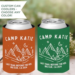 Personalized Camp Bachelorette Can Coolers, Custom Bachelorette Party Favors, Glamping Hiking Girls Trip, Cabin Crew Camping Can Cooler