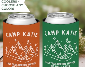 Personalized Camp Bachelorette Can Coolers, Custom Bachelorette Party Favors, Glamping Hiking Girls Trip, Cabin Crew Camping Can Cooler