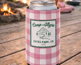 Retro Camp Bachelorette Party Favors, Personalized Gingham Can Coolers: