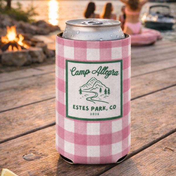Retro Camp Bachelorette Party Favors, Personalized Gingham Can Coolers: