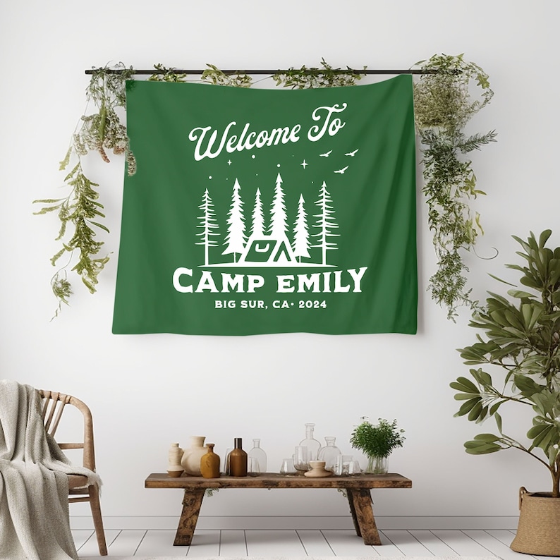 camp Bachelorette Decor Ideas Custom Location Banner Glamping Cabin Bachelorette party Camping Weekend
