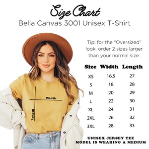 K&ouml;nnte beinhalten: Gr&ouml;&szlig;entabelle f&uuml;r ein Bella Canvas 3001 Unisex-T-Shirt. Die Tabelle zeigt die Breite und L&auml;nge in Zoll f&uuml;r die Gr&ouml;&szlig;en XS bis 3XL. Tipp: F&uuml;r den "Oversized"-Look bestelle 2 Gr&ouml;&szlig;en gr&ouml;&szlig;er als deine normale Gr&ouml;&szlig;e.