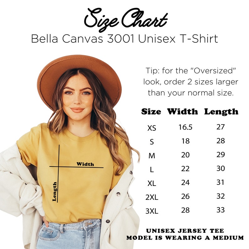 K&ouml;nnte beinhalten: Gr&ouml;&szlig;entabelle f&uuml;r ein Bella Canvas 3001 Unisex-T-Shirt. Die Tabelle zeigt die Breite und L&auml;nge in Zoll f&uuml;r die Gr&ouml;&szlig;en XS bis 3XL. Tipp: F&uuml;r den "Oversized"-Look bestelle 2 Gr&ouml;&szlig;en gr&ouml;&szlig;er als deine normale Gr&ouml;&szlig;e.