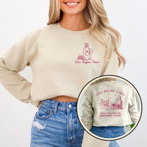 Personalized Wine Bachelorette Sweatshirts, Luxury Wine Bach Merch, Personalized Winery Bachelorette Party Favors Vino Before Vows Crewneck