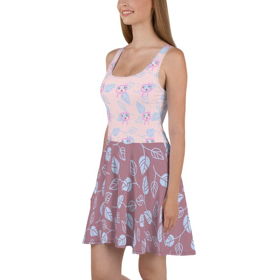 two tone skater dress Two-tone Skater Dress: Taupe & Pink With Blue Leaf Print